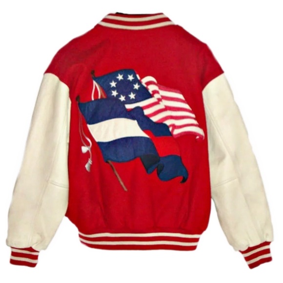 VTG.WOOL + LEATHER VARSITY JACKET w FLAGS